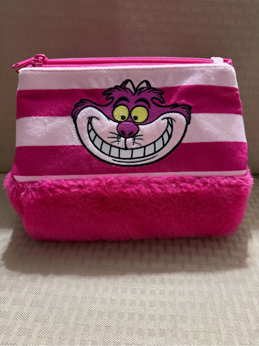 Disney Pink Cheshire Cat Striped Plush Cosmetic Bag